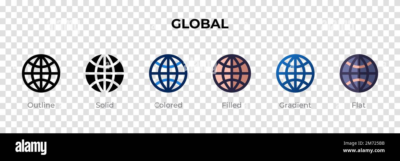 Globales Symbol in einem anderen Stil. Globale Vektorsymbole, die als Kontur, durchgehend, farbig, gefüllt, Verlauf, Und flacher Stil. Symbol, Logo-Abbildung. Stock Vektor