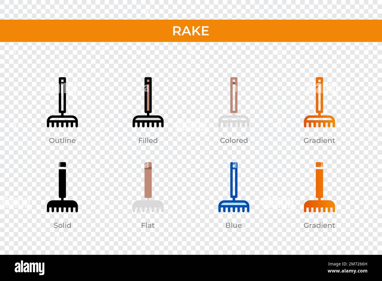 Der Rake-Klassiker in einem anderen Stil. Rastervektorsymbole in Kontur, durchgehend, farbig, gefüllt, Verlauf, Und flacher Stil. Symbol, Logo-Abbildung. Vect Stock Vektor
