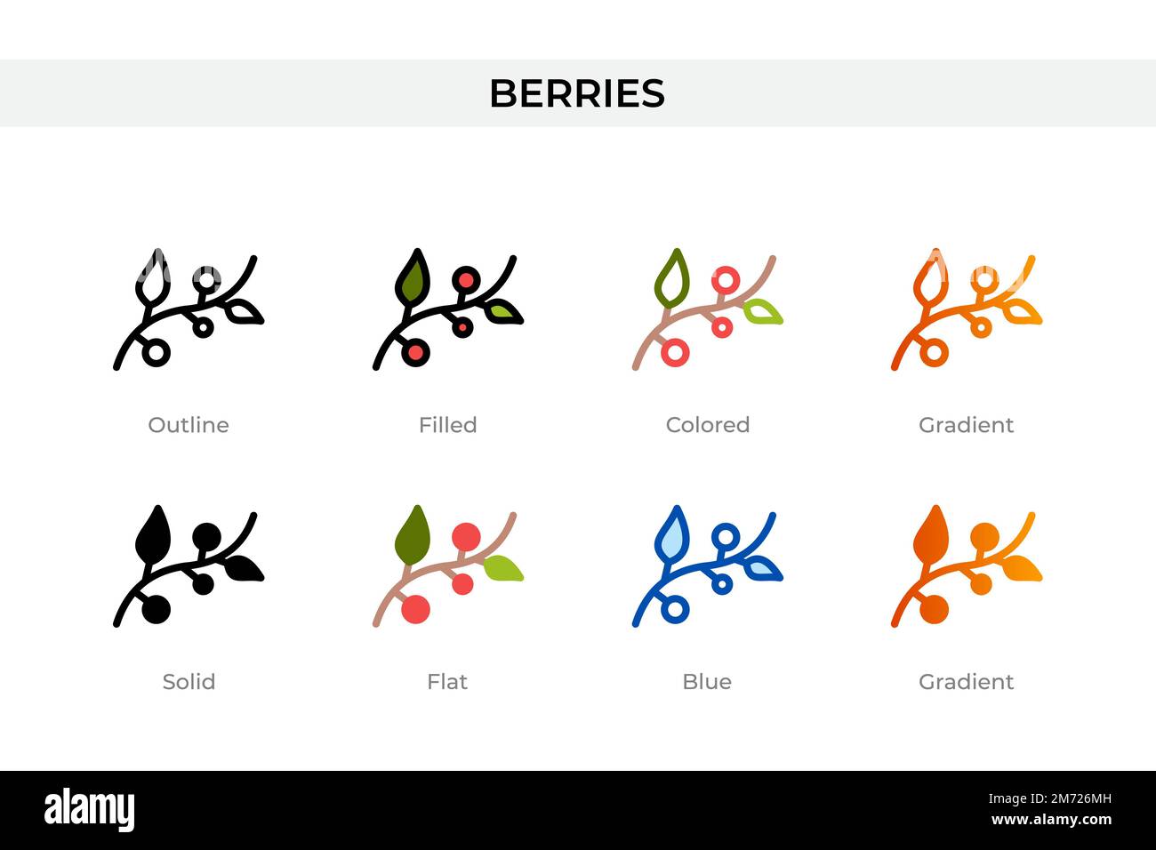 Beeren-Symbol in einem anderen Stil. Beeren-Vektorsymbole mit Kontur, durchgehend, farbig, gefüllt, Verlauf, Und flacher Stil. Symbol, Logo-Abbildung Stock Vektor