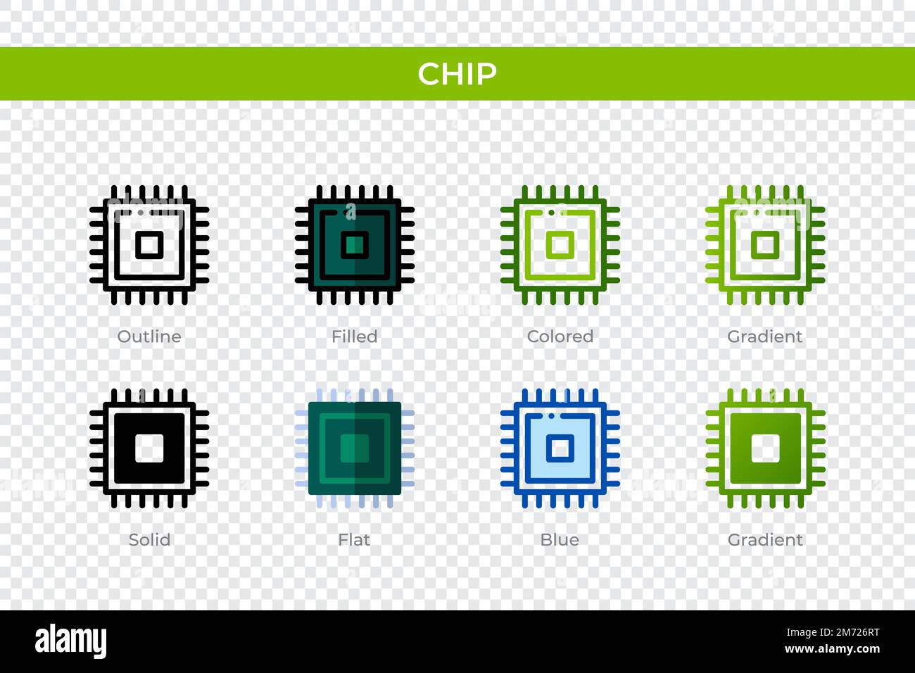 Chip-Symbol in einem anderen Stil. Chip-Vektorsymbole in Kontur, durchgehend, farbig, gefüllt, Verlauf, Und flacher Stil. Symbol, Logo-Abbildung. Vect Stock Vektor