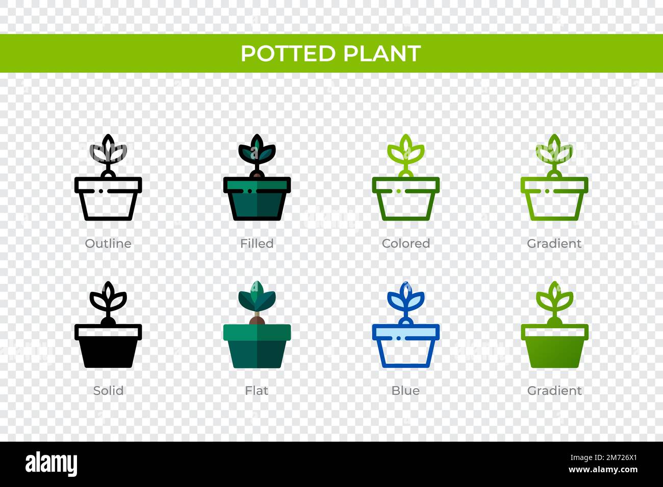 Ein Klassiker mit Topfpflanzen in einem anderen Stil. Vektorsymbole für gegossene Pflanzen in Umrissen, durchgehend, farbig, gefüllt, mit Farbverlauf, Und flacher Stil. Symbol, Logo Il Stock Vektor
