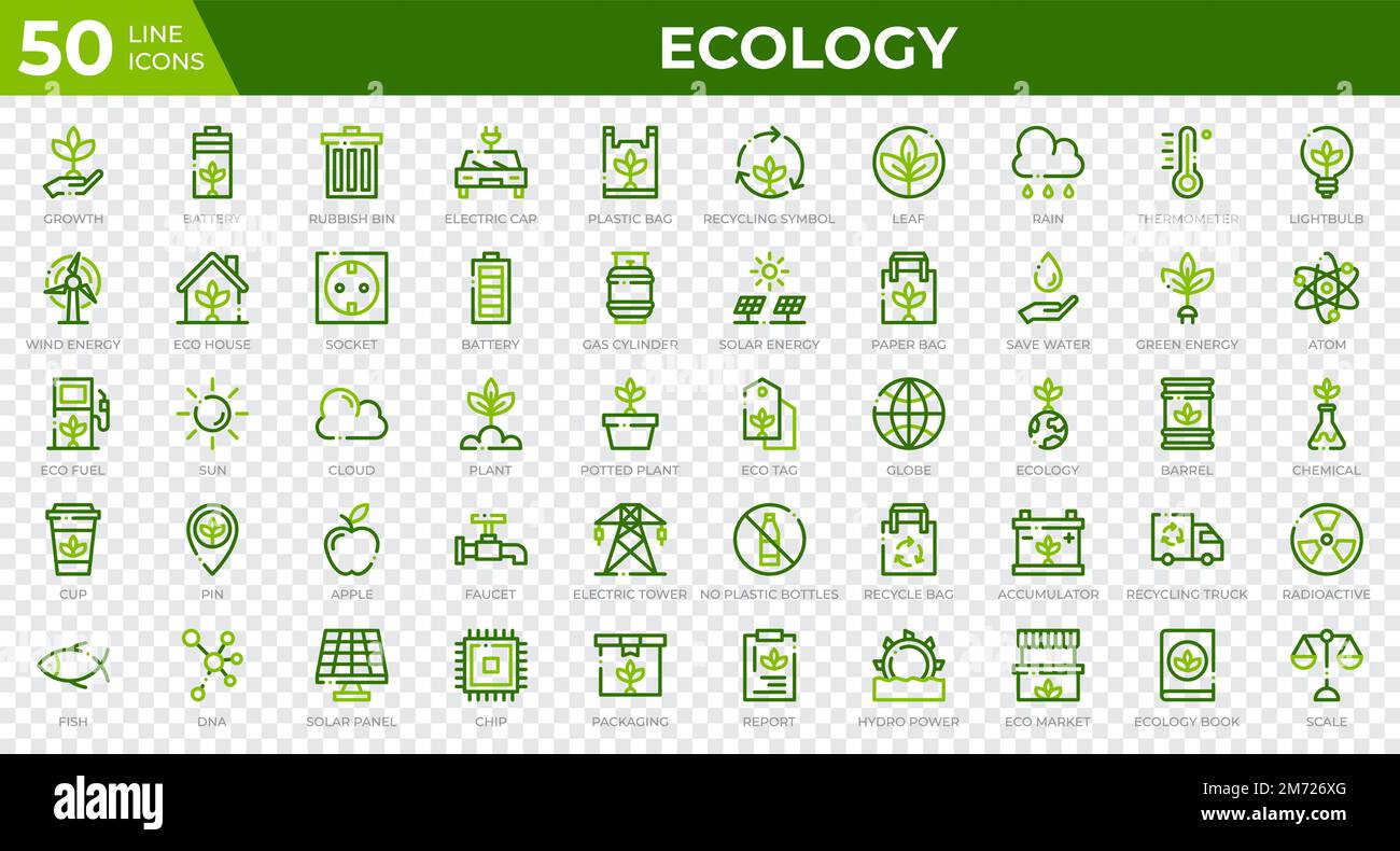 Satz von 50 Ecology Web-Symbolen in farbigem Linienstil. Recycling, Biologie, erneuerbare Energien. Sammlung mit farbigen Umrisssymbolen. Vektordarstellung Stock Vektor