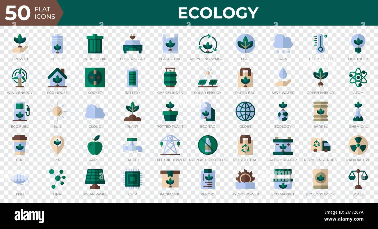 Satz von 50 Ecology Web-Symbolen im flachen Stil. Recycling, Biologie, erneuerbare Energien. Flat Icons Kollektion. Vektordarstellung Stock Vektor