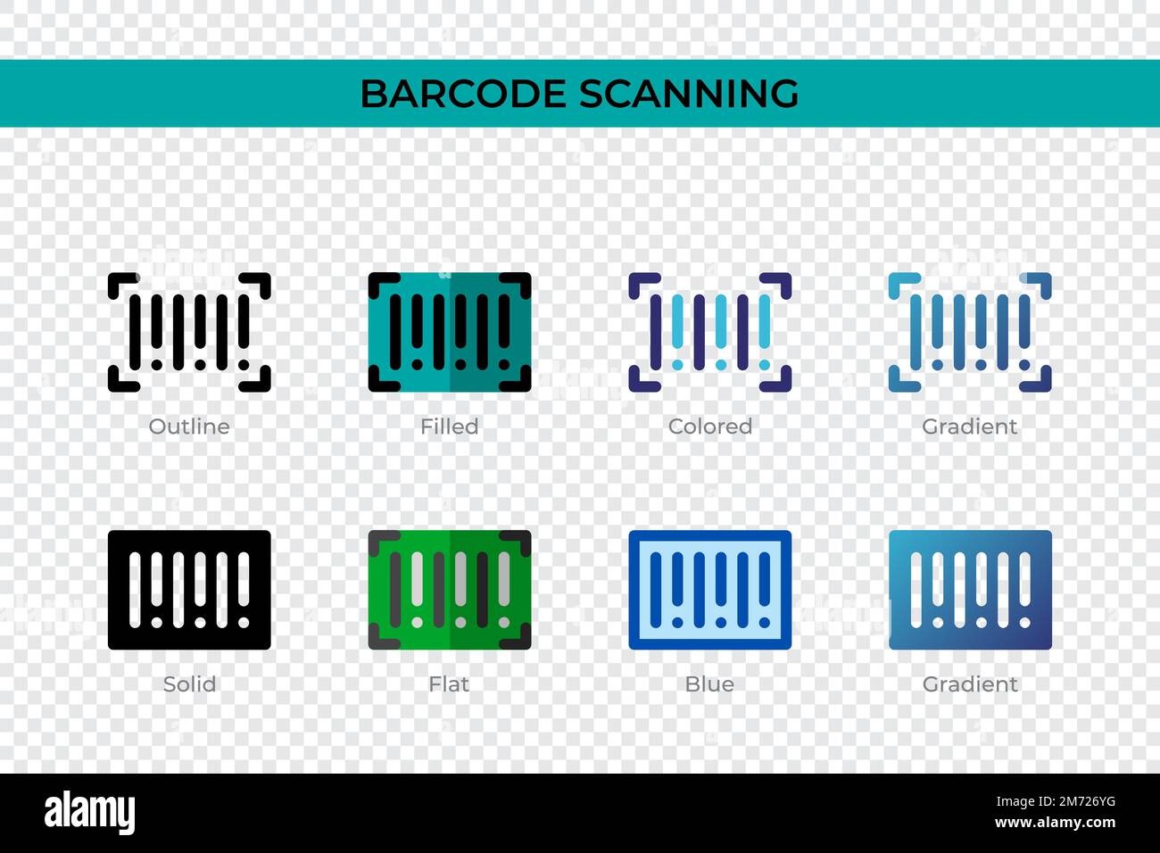 Barcode-Scan-Symbol in einem anderen Stil. Vektorsymbole für das Scannen von Barcodes in Form von Konturen, durchgehend, farbig, gefüllt, Verlauf, Und flacher Stil. Symbol, Stock Vektor