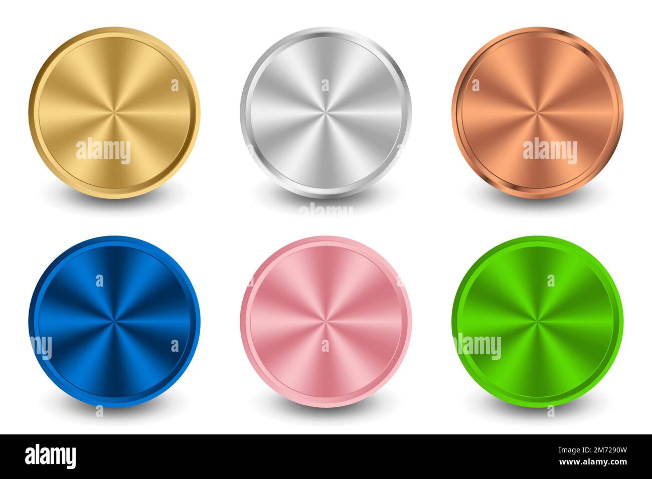 Sammlung von Gold, Silber, Bronze, blauem Metall, rosa Metall, Und radial-metallischer Gradient aus grünem Metall. Platten mit Gold-, Silber-, Bronze-Metallic-Effekt Stock Vektor