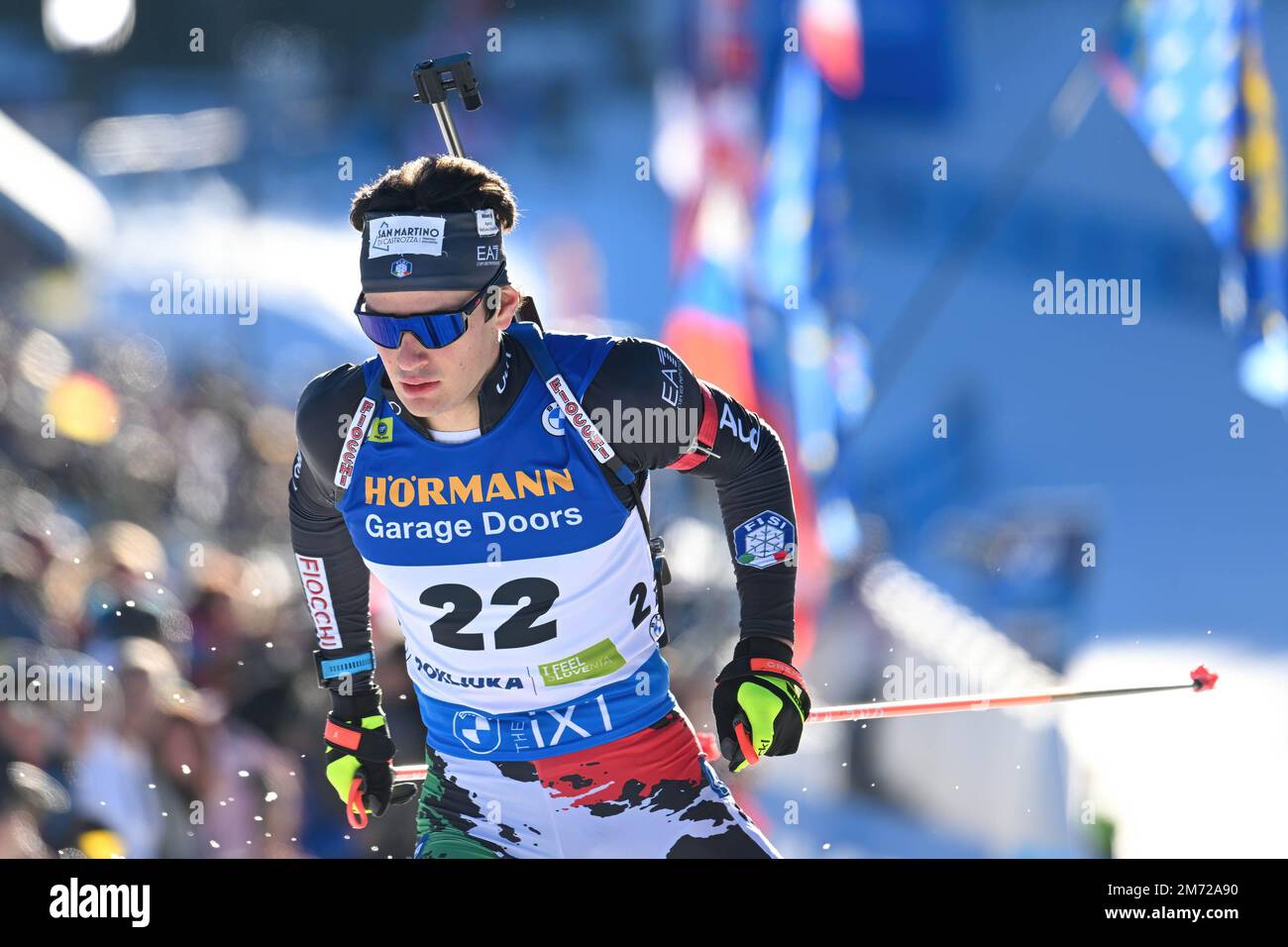 Pokljuka, Slowenien. 06. Januar 2023. Tommaso Giacomel aus Italien wurde während des Men 10 km Sprint-Rennens bei der BMW IBU Biathlon Weltmeisterschaft in Pokljuka in Aktion gesehen. (Foto: Andrej Tarfila/SOPA Images/Sipa USA) Guthaben: SIPA USA/Alamy Live News Stockfoto