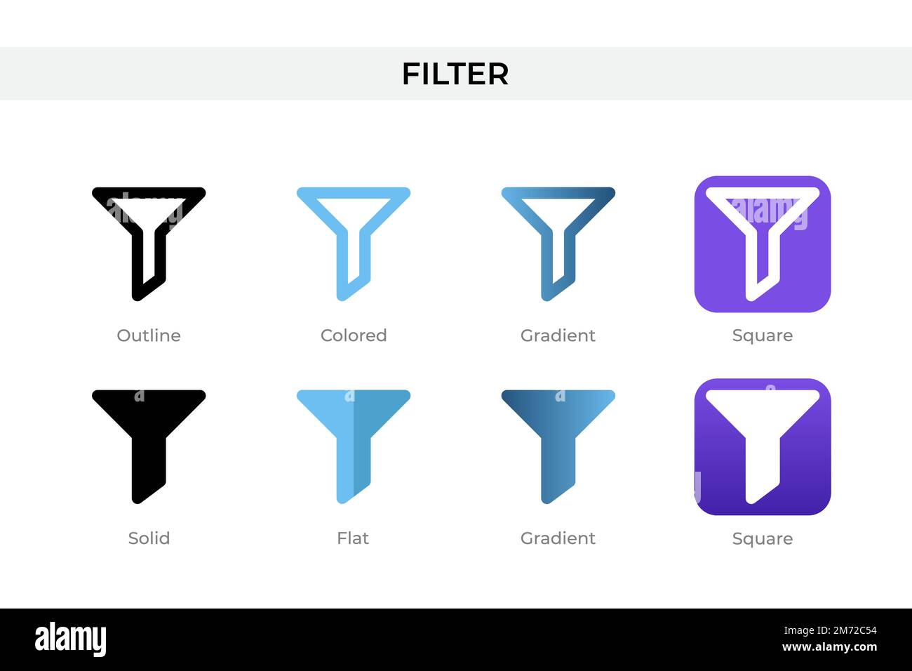 Filtersymbol in einem anderen Stil. Vektorsymbole filtern, die als Kontur, durchgehend, farbig, verlaufend und flach entworfen wurden. Symbol, Logo-Abbildung. Vektor i Stock Vektor