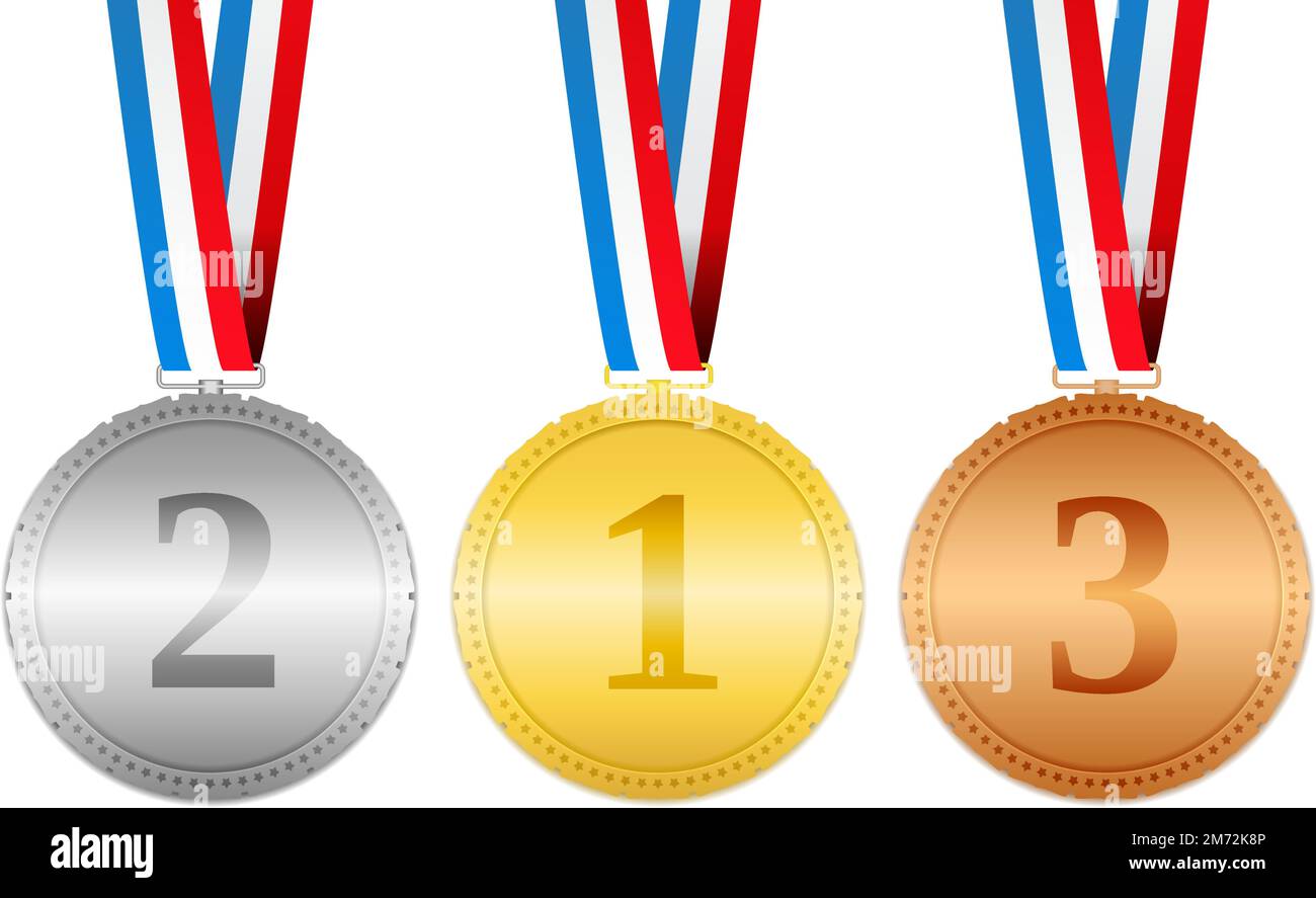Gold-, Silber- und Bronzemedaillen hängen an Bändern, Vektor EPS10-Abbildung Stock Vektor