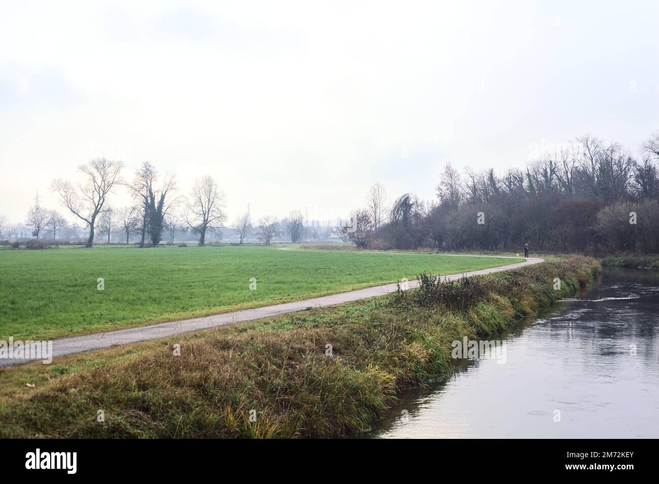 Asphaltierter Pfad mit einem Wald und einem Wasserstrahl am Rande inmitten von bebauten Feldern an einem bewölkten Tag in der italienischen Landschaft Stockfoto