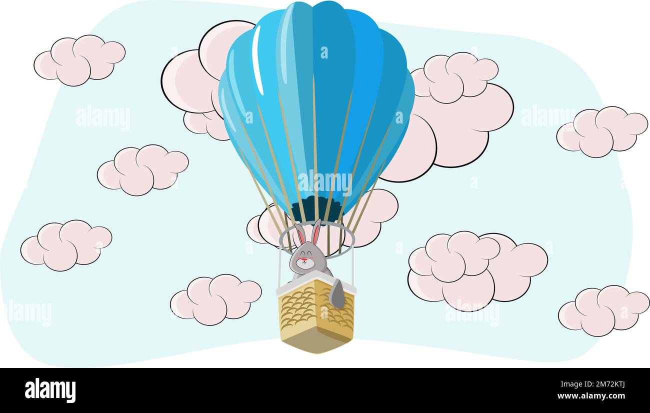 Der Hase flog in einem Ballon und blickte von oben auf die Lichtung Stock Vektor