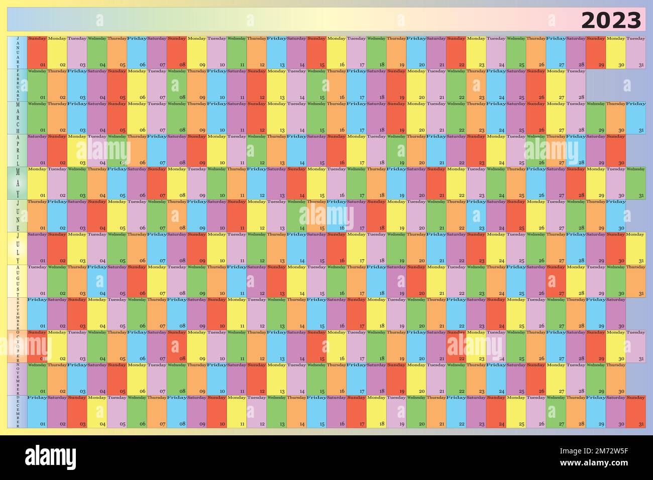 Jahresplaner 2023 spezifische Farbe für jeden Wochentag Stock Vektor