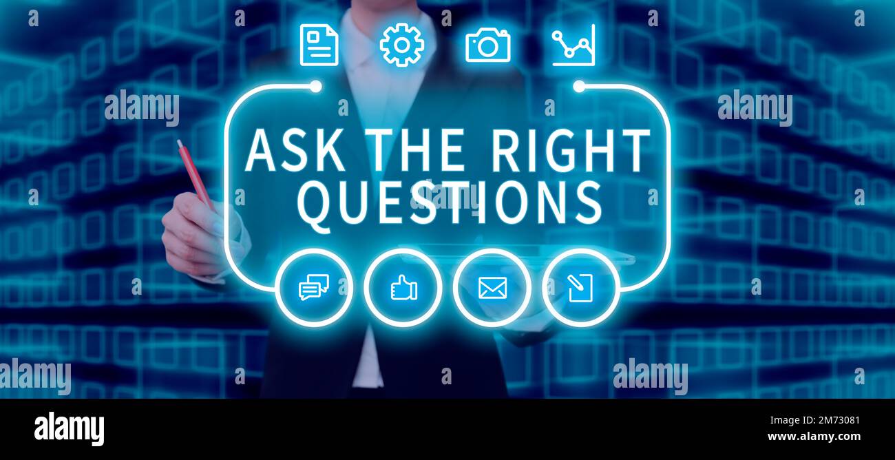 Textüberschrift Präsentation Fragen Sie die richtigen Fragen. Suchen Sie nach einer professionellen Beratung Stockfoto