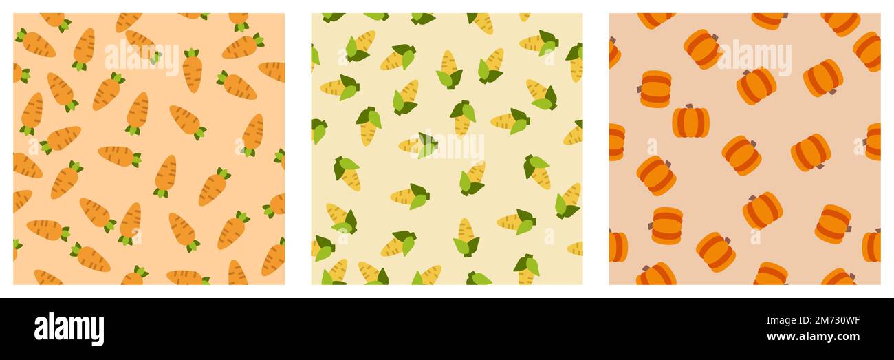 Nahtloses Gemüseset mit Muster. Karotten, Mais und Kürbis. Designelemente für Babytextilien oder -Kleidung. Essensdruck für Vorhang. Vektordarstellung Stock Vektor