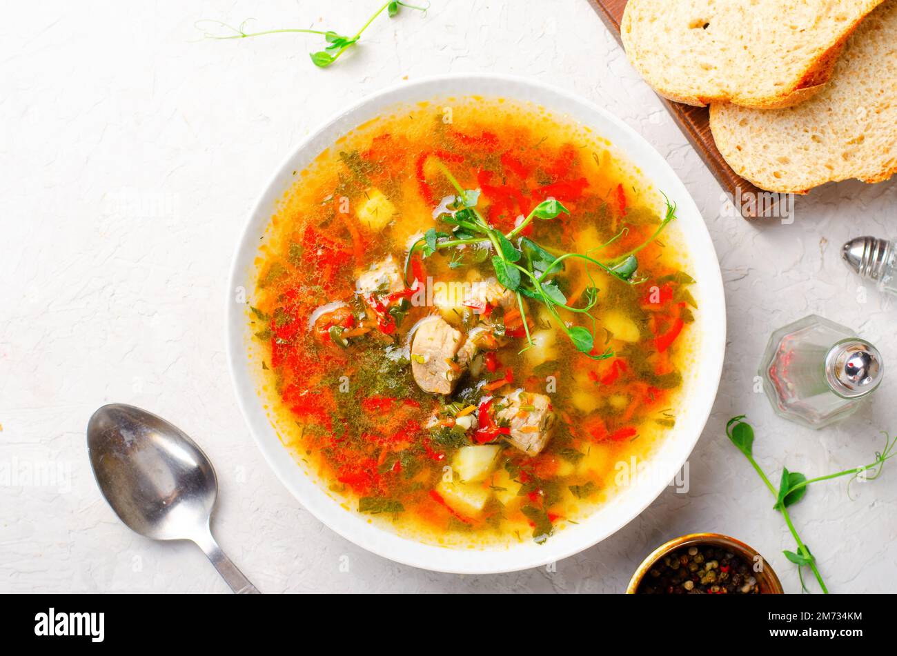 Hausgemachte Suppe mit Fleisch und Gemüse, Truthahnsuppe, Comfort Food Stockfoto