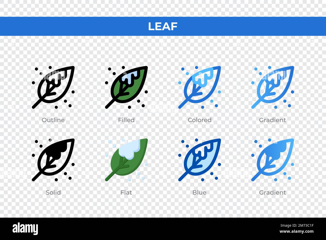 Blattsymbole in einem anderen Stil. Blattsymbole festgelegt. Feiertagssymbol. Verschiedene Stilsymbole festgelegt. Vektordarstellung Stock Vektor
