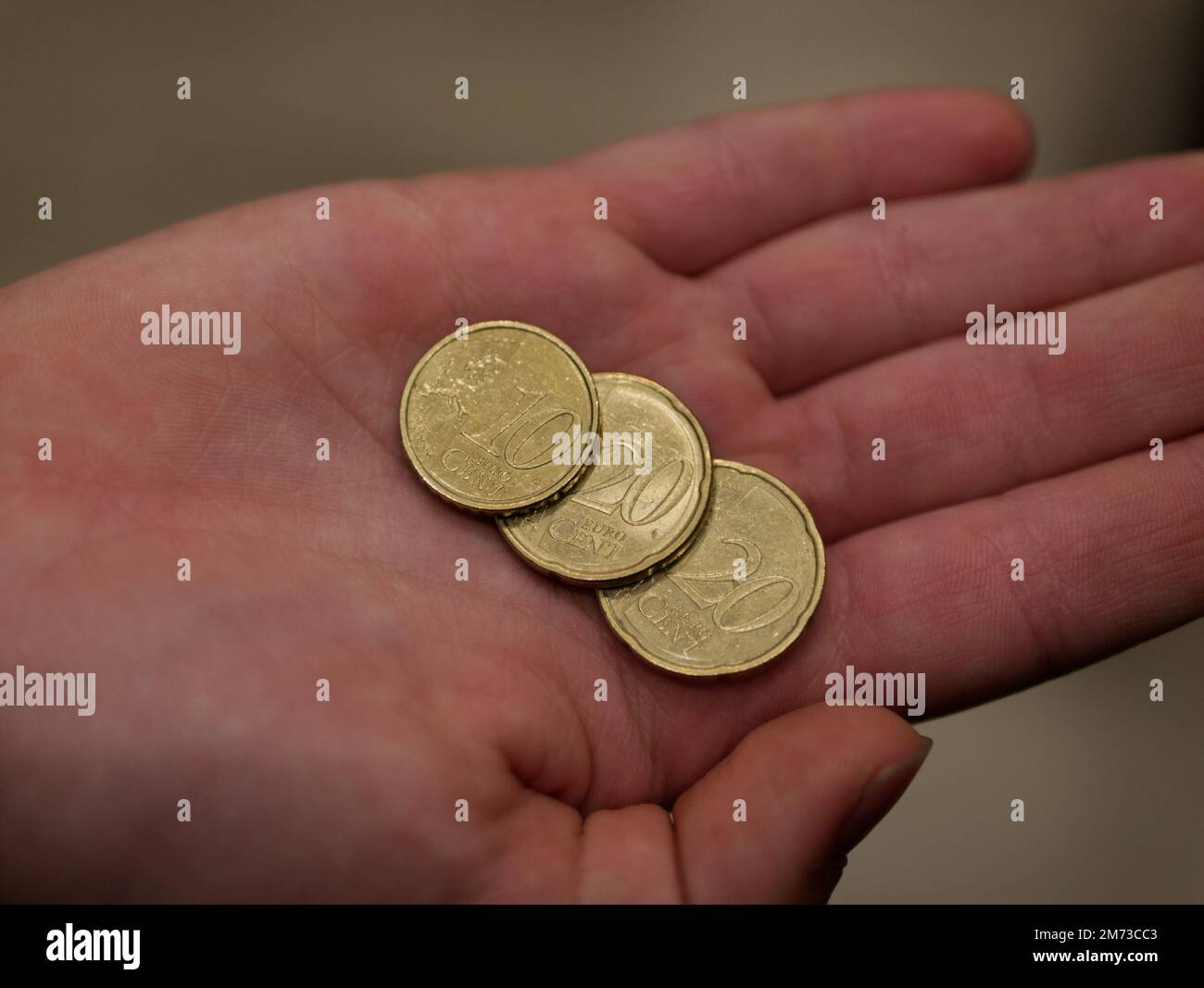 Das Mädchen hält Euro-Münzen im Wert von 10 und 20 Cent in der Hand Stockfoto