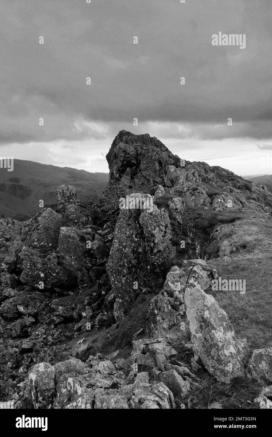 Der Howitzer-Felsen, der wahre Gipfel von Helm Crag fiel über Grasmere in den Central Fells, Lake District National Park, Cumbria, England, UK Helm Crag Stockfoto