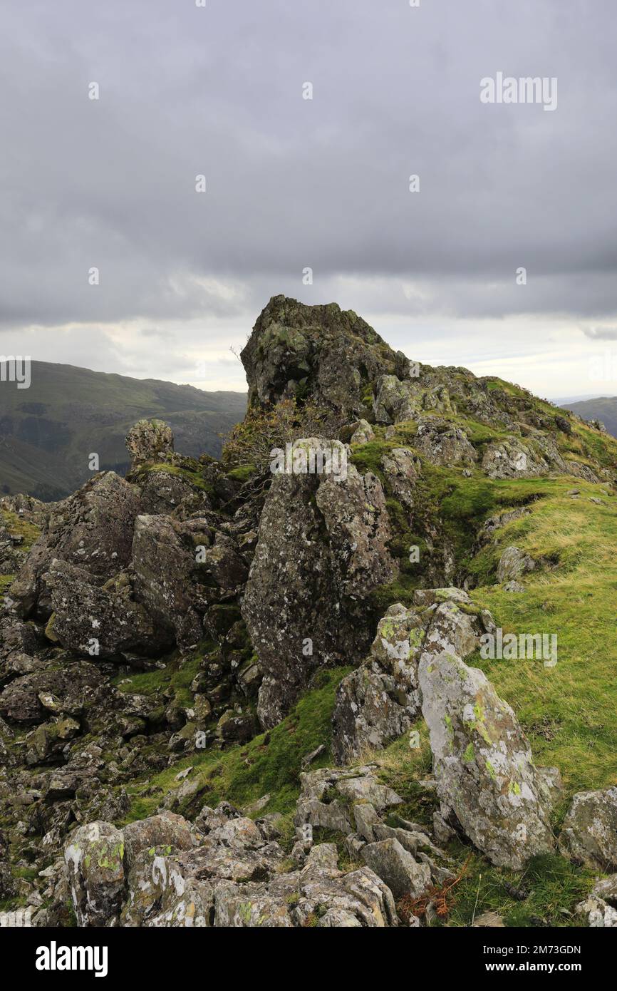 Der Howitzer-Felsen, der wahre Gipfel von Helm Crag fiel über Grasmere in den Central Fells, Lake District National Park, Cumbria, England, UK Helm Crag Stockfoto