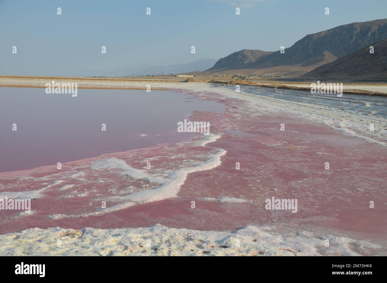 Pinkfarbenes flaches Wasser mit Bergen im Hintergrund am pinkfarbenen See Shiraz, Iran Stockfoto