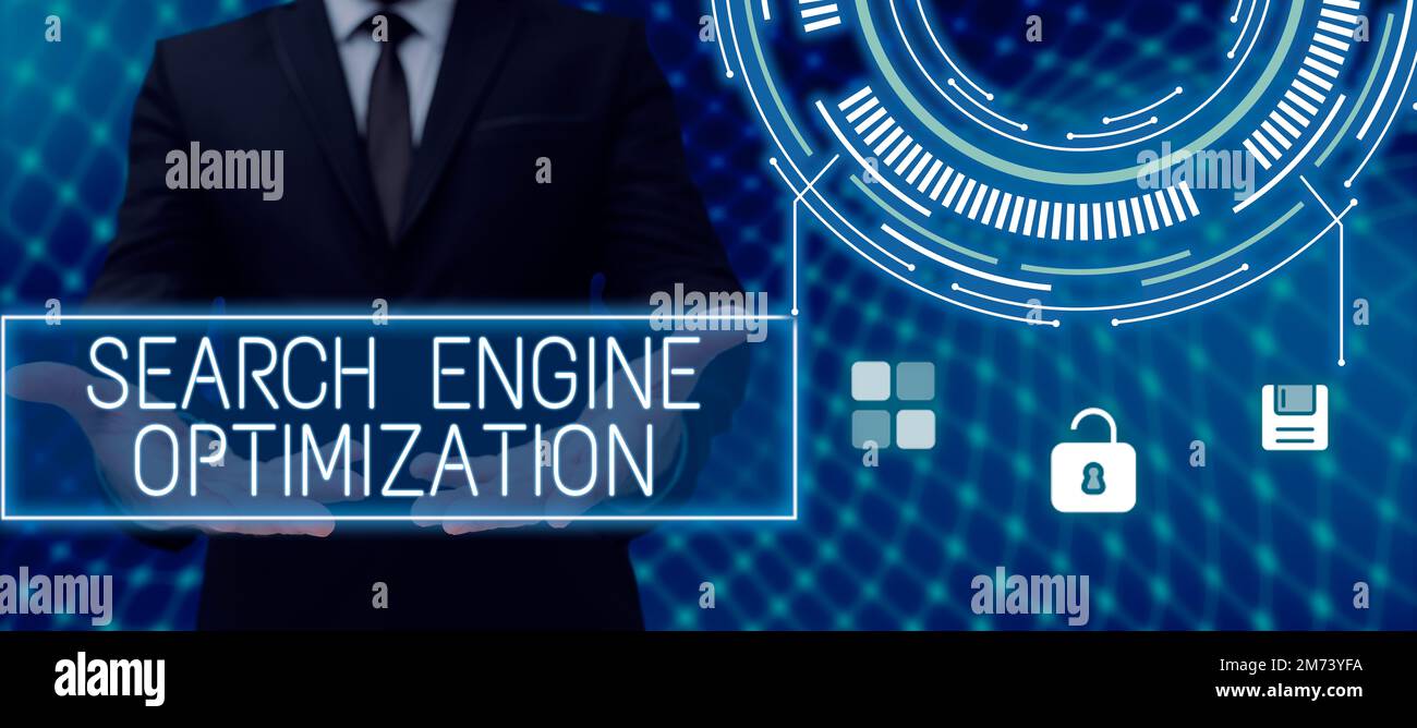 Textüberschrift zur Suchmaschinenoptimierung. Unternehmen zeigen die Zunahme des Zugriffs auf Unternehmenswebsites und Analysen Stockfoto