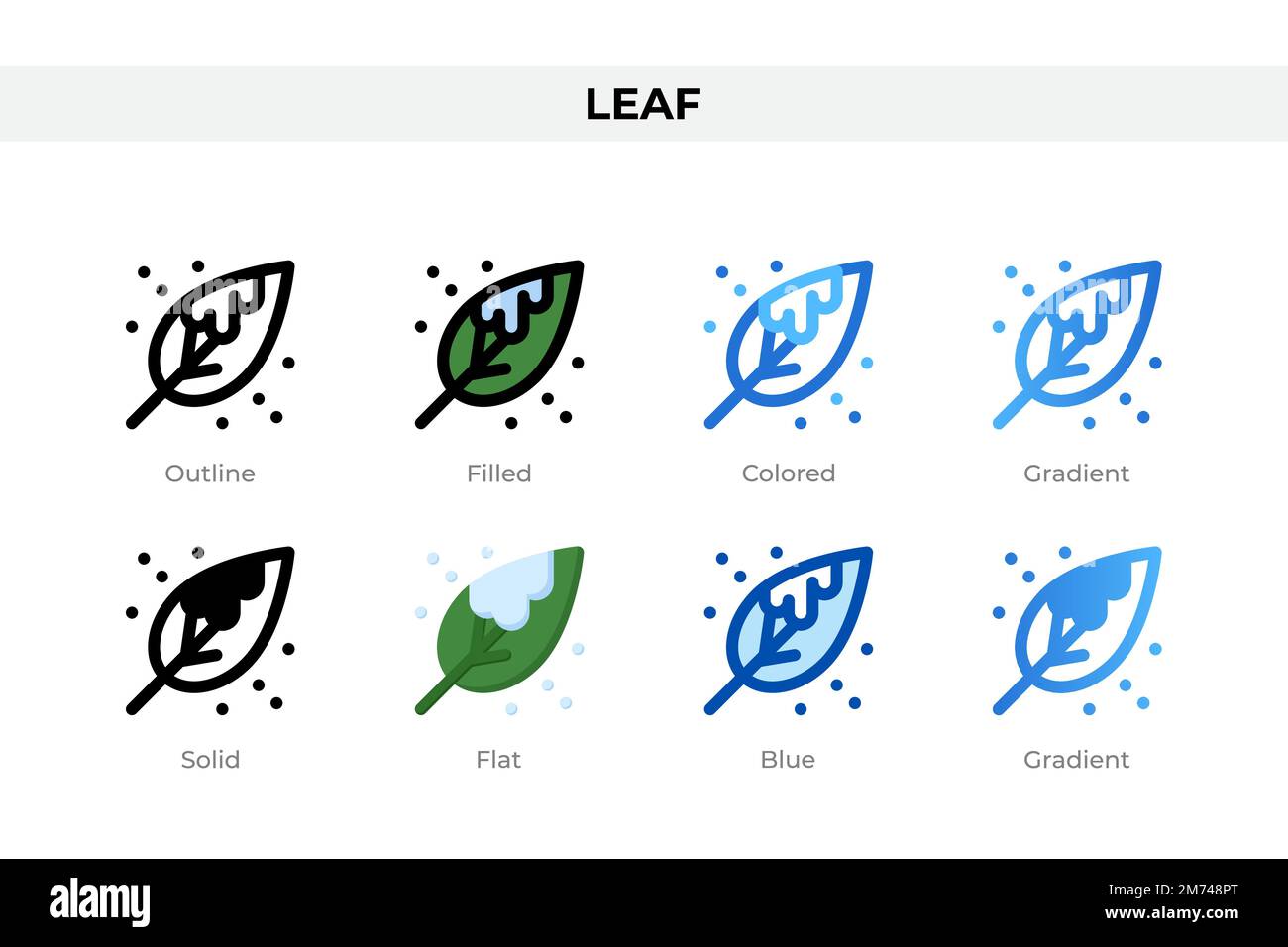 Blattsymbole in einem anderen Stil. Blattsymbole festgelegt. Feiertagssymbol. Verschiedene Stilsymbole festgelegt. Vektordarstellung Stock Vektor