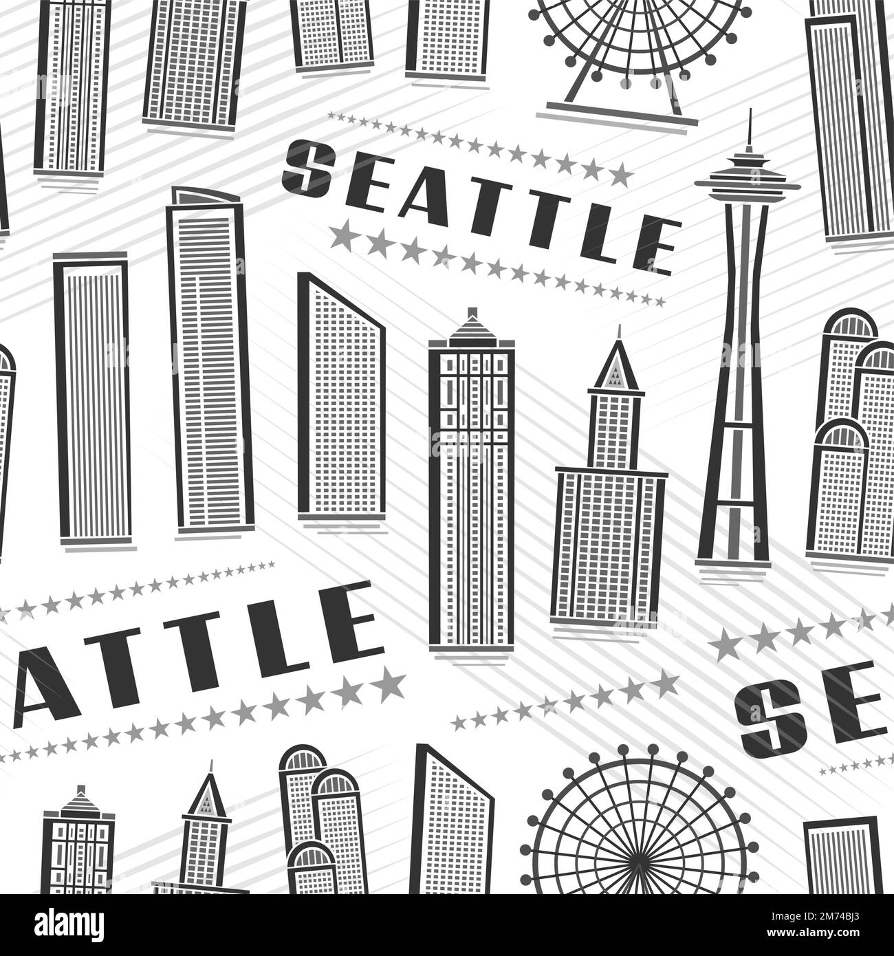 Vector Seattle Seamless Pattern, quadratischer Wiederholungshintergrund mit Illustration der berühmten stadt seattle auf weißem Hintergrund für Geschenkpapier, Monoc Stock Vektor