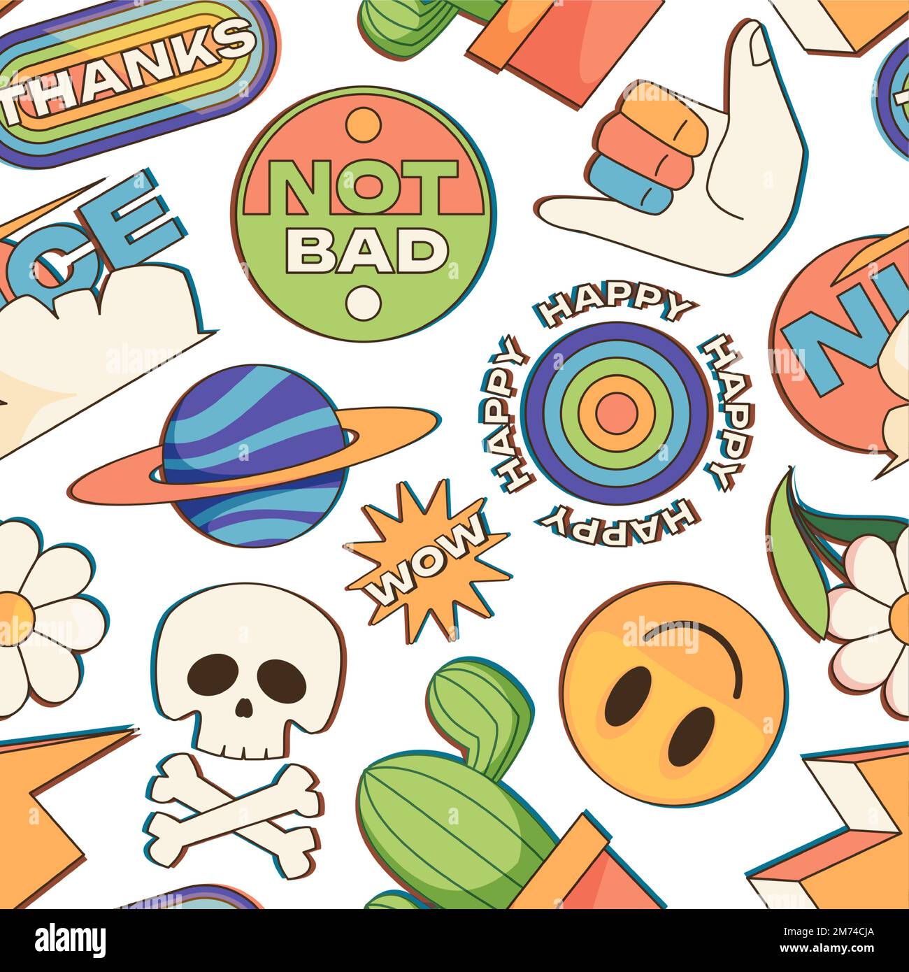 Trendiges Muster von Patches. Nahtloser Druck mit abstrakten Comic-Aufklebern in verschiedenen Formen, modernes Kritzeletikett und Briefmarkendesign für die Verpackung. Vektortext Stock Vektor
