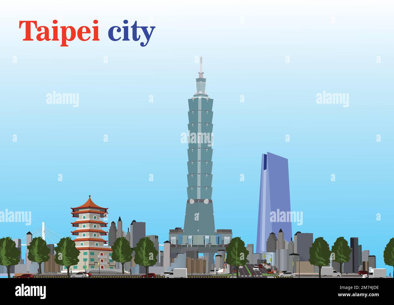 Die Skyline von Taipei mit grauen Wahrzeichen, blauem Himmel und Reflexion. Vektordarstellung. Geschäftsreise- und Tourismuskonzept mit Platz für Text. Bild für Stock Vektor