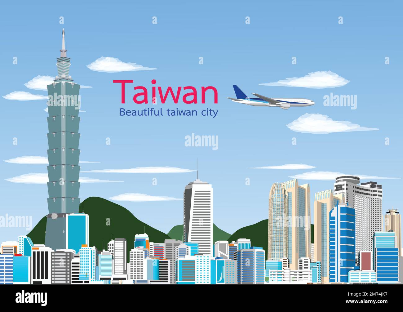 Reisen Sie Asiens Wahrzeichen Stadt Taiwan Taipei auf blauem Hintergrund mit Flugzeugen und Segelbooten, Tour China mit Panorama populärer Hauptstadt, Origami Papier ar Stock Vektor