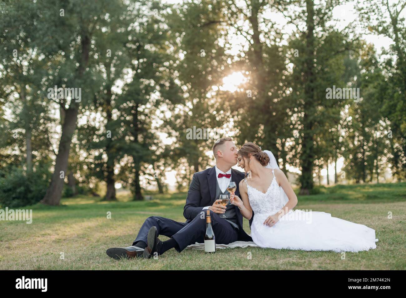 Ruhiges, fröhliches Ehepaar im Hochzeitskleid und Bräutigam im Anzug, küsst und trinkt Sekt im Parkland Stockfoto