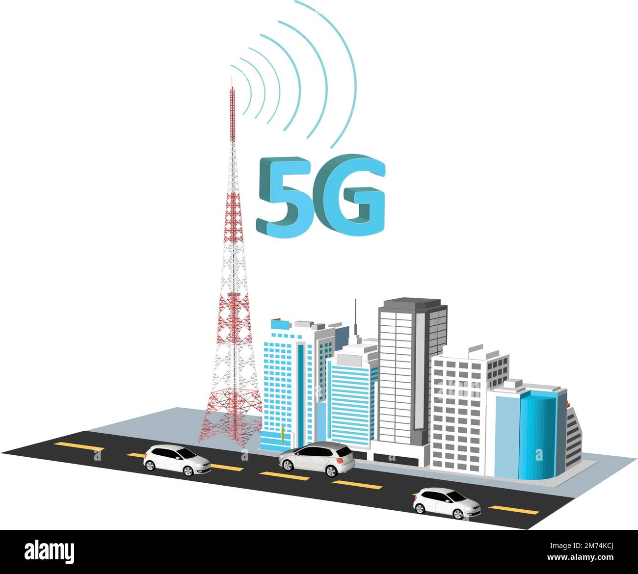 5G-Netzwerklogo über der Smart City mit Symbolen der Wolkenkratzer der Stadtinfrastruktur. High-Speed-Breitband-Telekommunikation, drahtloses Internetkonzept Stock Vektor