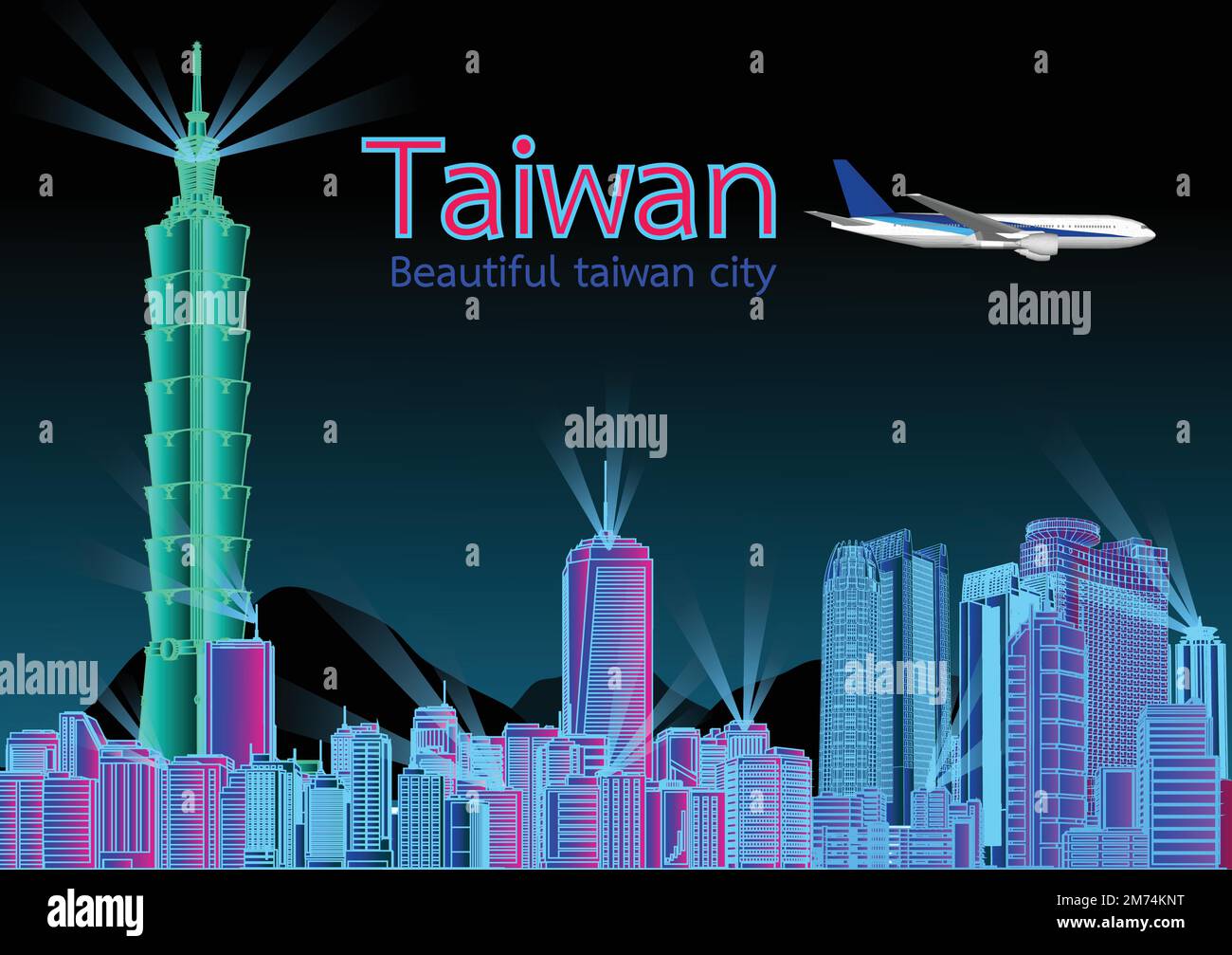 Reisen Sie Asiens Wahrzeichen Stadt Taiwan Taipei auf blauem Hintergrund mit Flugzeug und Segelboot, Tour China mit Panorama populären Hauptstadt, Origami Papier ar Stock Vektor