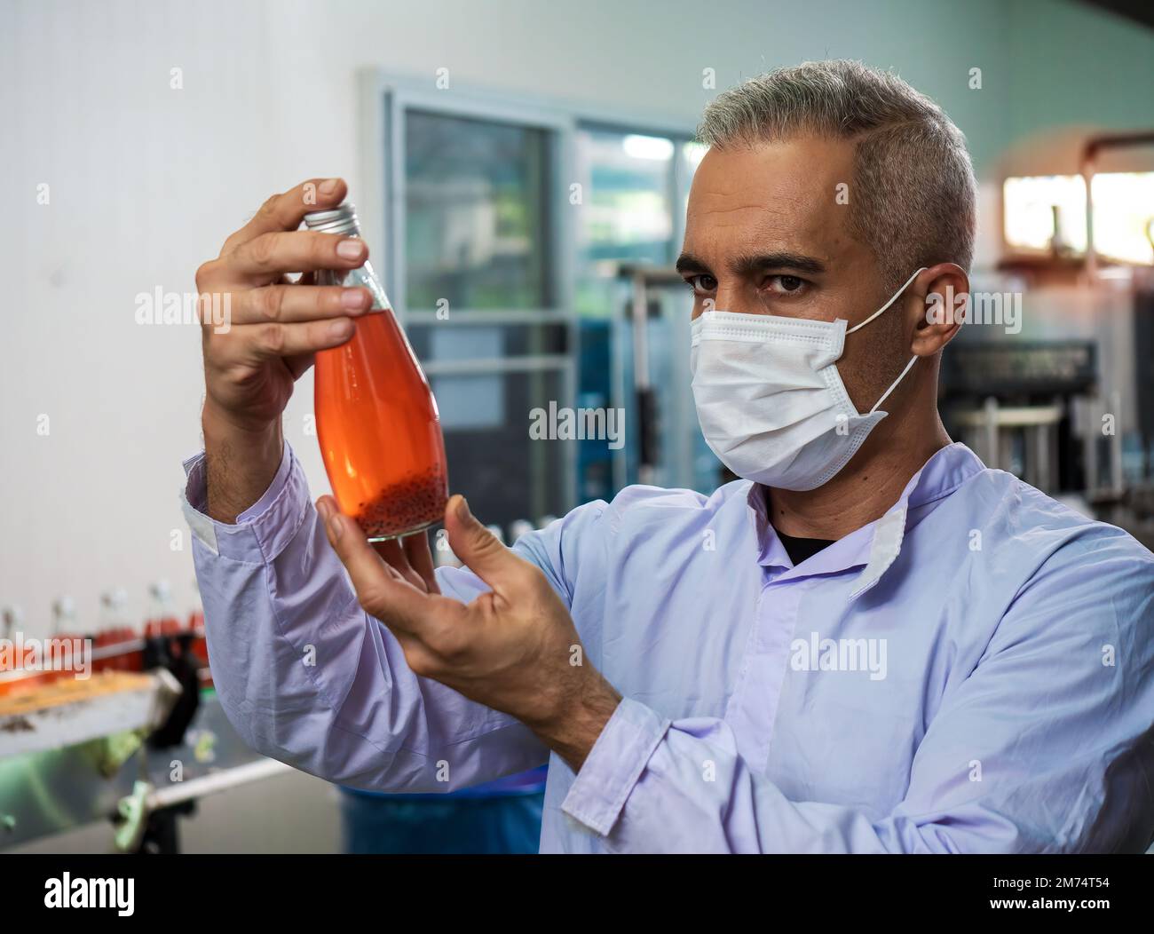 Ernährungsberater, die die Qualität der Kräutergetränke prüfen, prüfen die Qualität der Getränke, die Basilikumsamen auf einem Förderband produzieren, bevor sie an die Vermarktung abgegeben werden Stockfoto