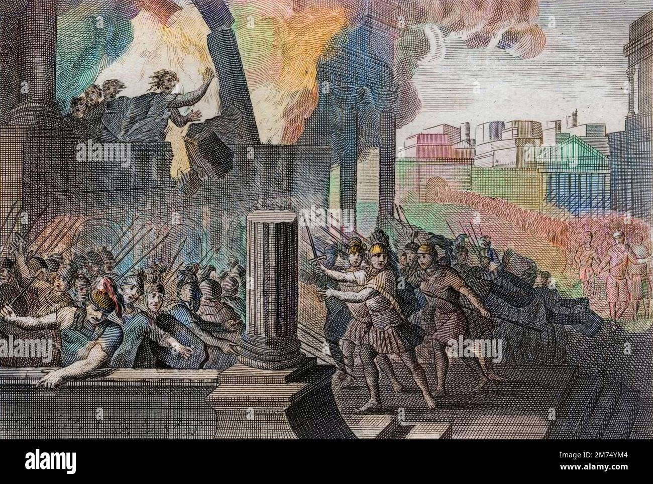 Bibel par le Sieur de Royaumont, Ancien Testament : Zambri se brule. Zambri s'etant Revolte contre Ela, Quatrieme roi d'Israel, est assiege dans Thersa, ou il se brula lui meme, avec toute sa famille, dans son palais. Gravure de 1811 - Bible de Royaumont, Altes Testament : Zambri verbrennt sich selbst. Zambri rebellierte gegen Ela, den vierten König Israels, und wurde in Thersa belagert, wo er sich und seine ganze Familie in seinem Palast verbrannte. Gravur - spätere Färbung Stockfoto