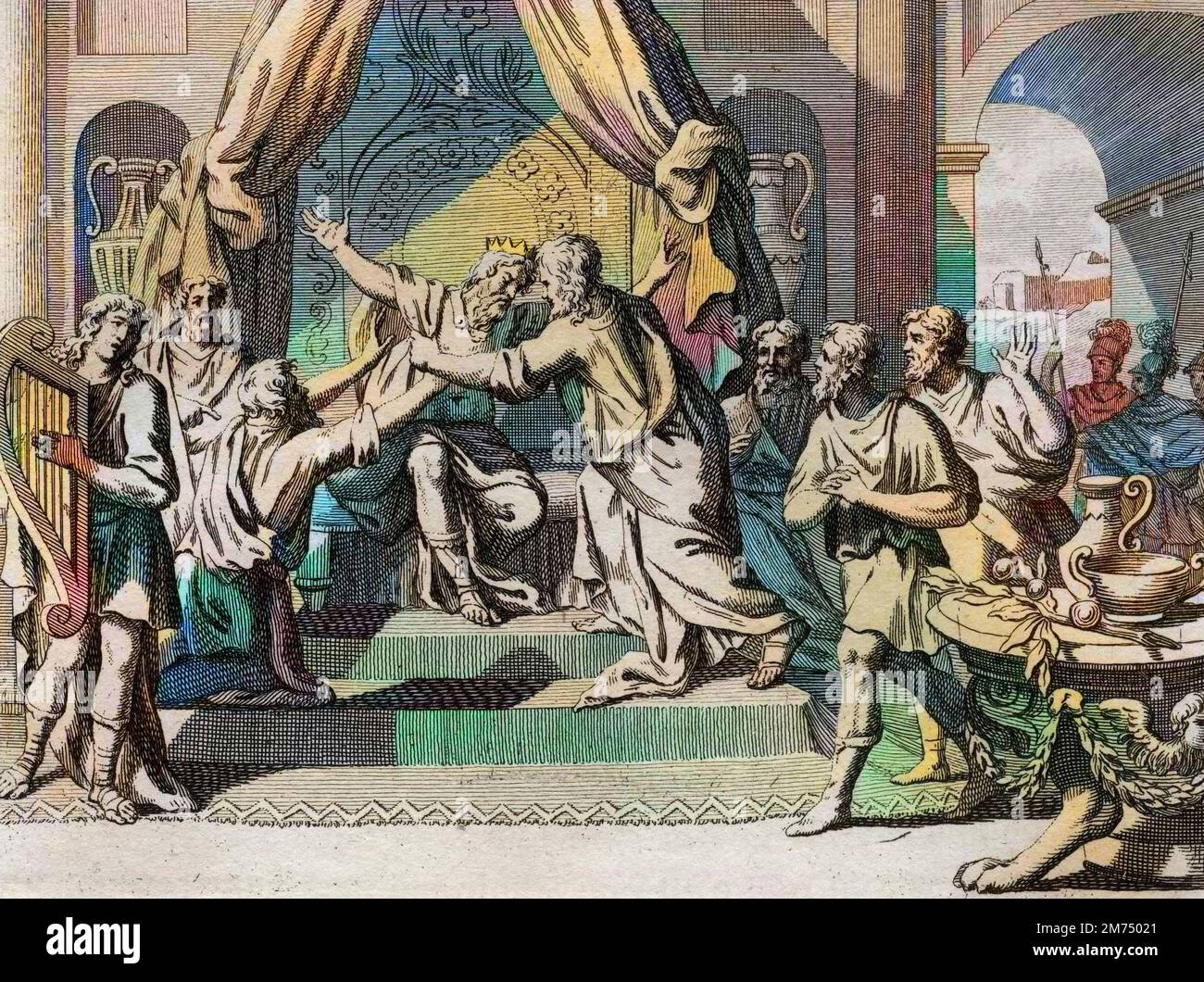 Bibel par le Sieur de Royaumont, Ancien Testament : David Joue de la Harpe. Saul etant rejette de Dieu, est saisi de l'esprit malin. Auf Lui cherche un homme qui sache jouer de la Harpe, pour le seulager dans son mal. Gravure de 1811 - Bible de Royaumont, Altes Testament : David spielt Harfe. Saul, von Gott abgelehnt, wird vom bösen Geist ergriffen. Sie suchen einen Mann, der Harfe spielen kann, um ihn von seinem Bösen zu befreien. Gravur - spätere Färbung Stockfoto