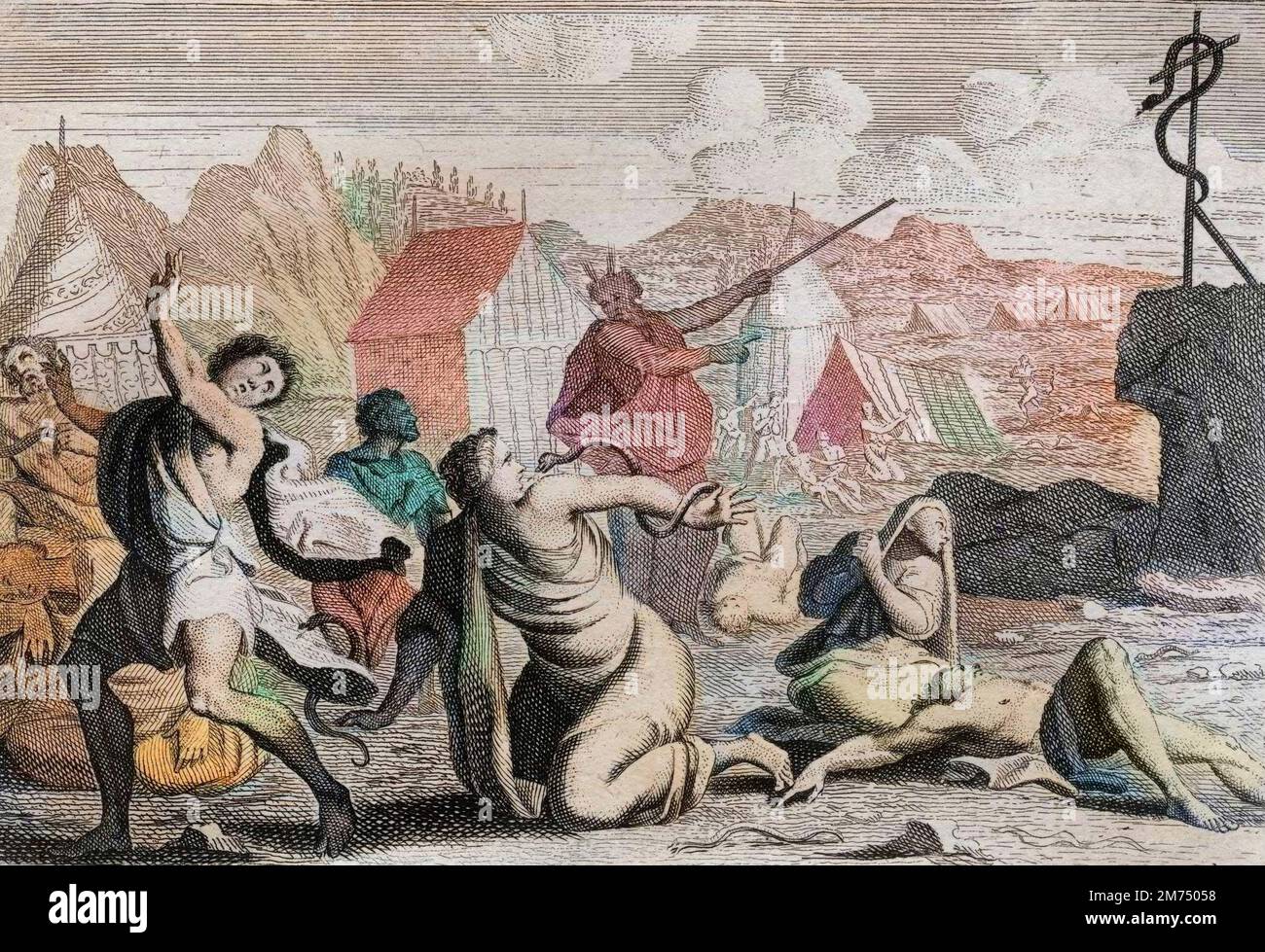 "Bibel par le Sieur de Royaumont, Ancien Testament : Schlange d'airain. Le peuple murant contre Dieu et contre Moise, est puni par des serpents de feu ; don't ils furent gueris par un serpent d'airain que Moise fit elever pour etre vu de tout le peuple. Gravure de 1811 - Bible de Royaumont, Altes Testament : Messingschlange. Die Menschen, die gegen Gott und Moses murmeln, werden von Schlangen des Feuers bestraft; von denen sie von einer Bronzeschlange geheilt wurden, die Moses erzogen hatte, um von allen Menschen gesehen zu werden. Gravur - spätere Färbung ' Stockfoto