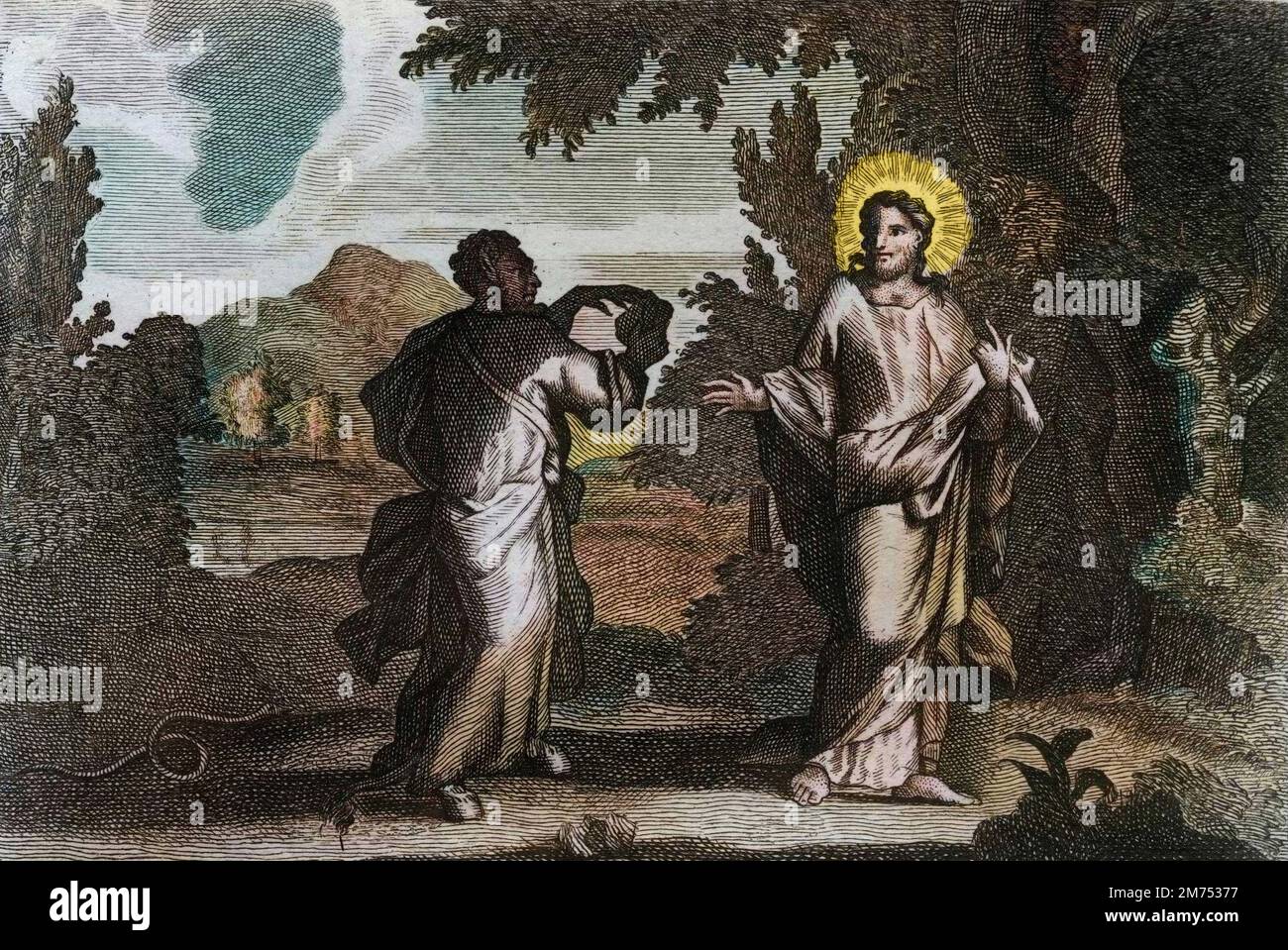 Bibel par le Sieur de Royaumont, Nouveau Testament : Jesus Christus dans le Desert. Jesus, der größte Kanal, der die Wüste vertreibt. Il jeune Quarante jours et Quarante nuits. Ich lade einen Wechsler ein, Pierres en Pains. Gravure de 1811 - Bibel de Royaumont, Neues Testament : Jesus Christus in der Wüste. Jesus wird in die Wüste geführt. Er ist versucht vom Teufel, der ihn einlädt, Steine in Brot zu verwandeln. Gravur - spätere Färbung Stockfoto