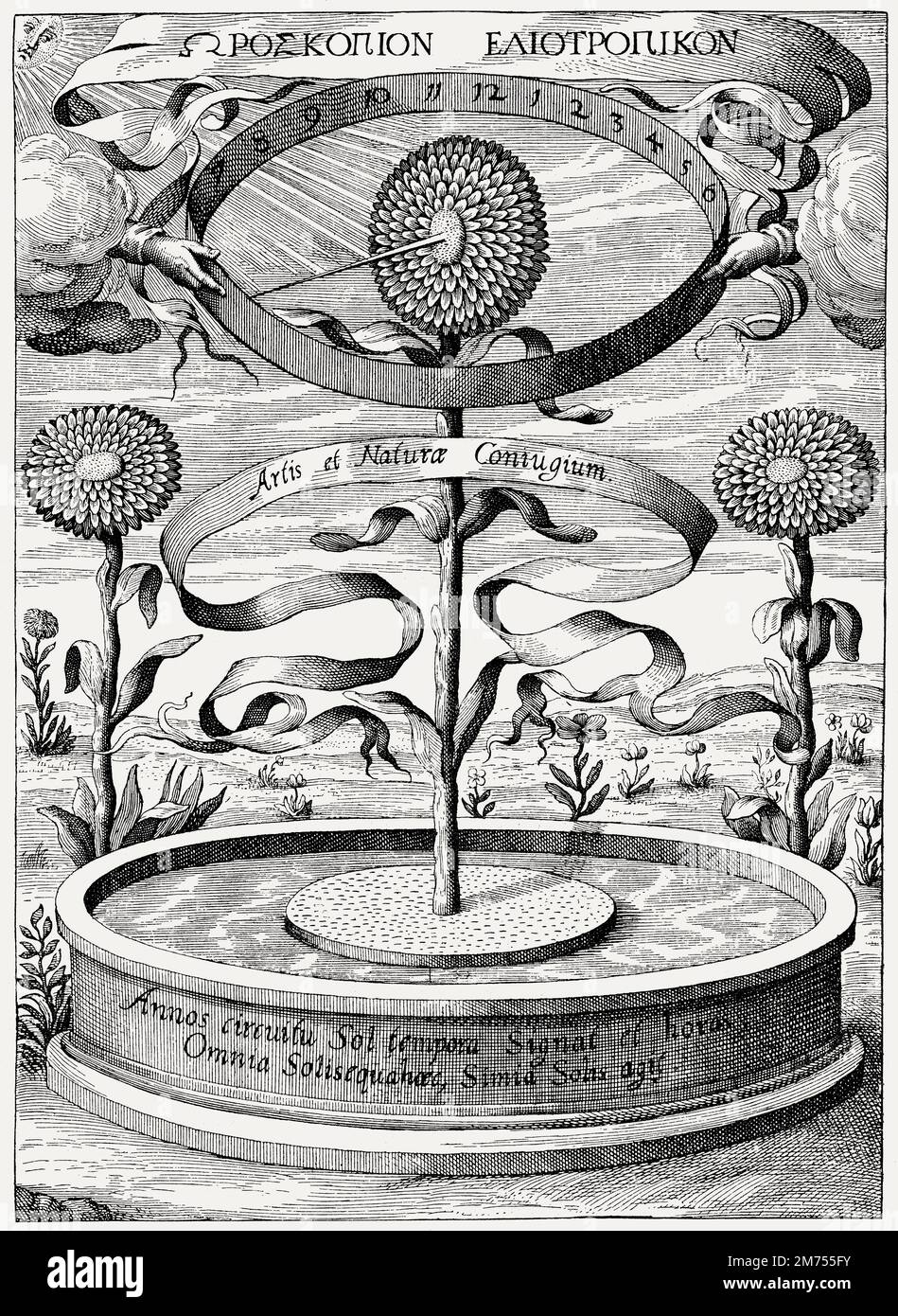 Heliotrope Sonnenblumenuhr von Athanasius Kircher, Magnes, sive de arte Magnetica, 1641 Stockfoto