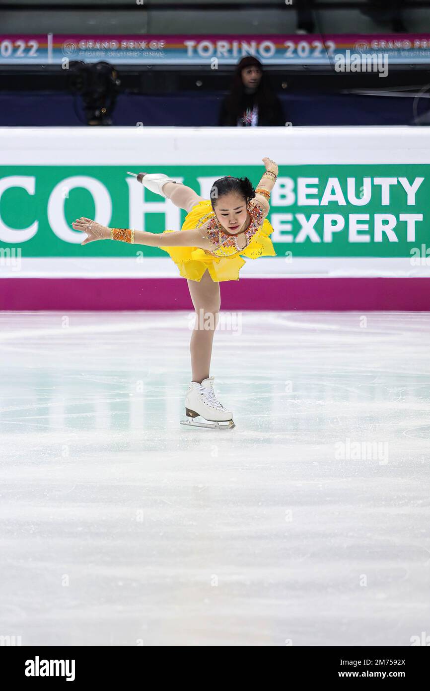 Mao Shimada (JPN) tritt am 1. Tag des Junior Women Short Program des ISU Grand Prix of Figure Skating Final Turin 2022 in Torino Palavela auf. Stockfoto