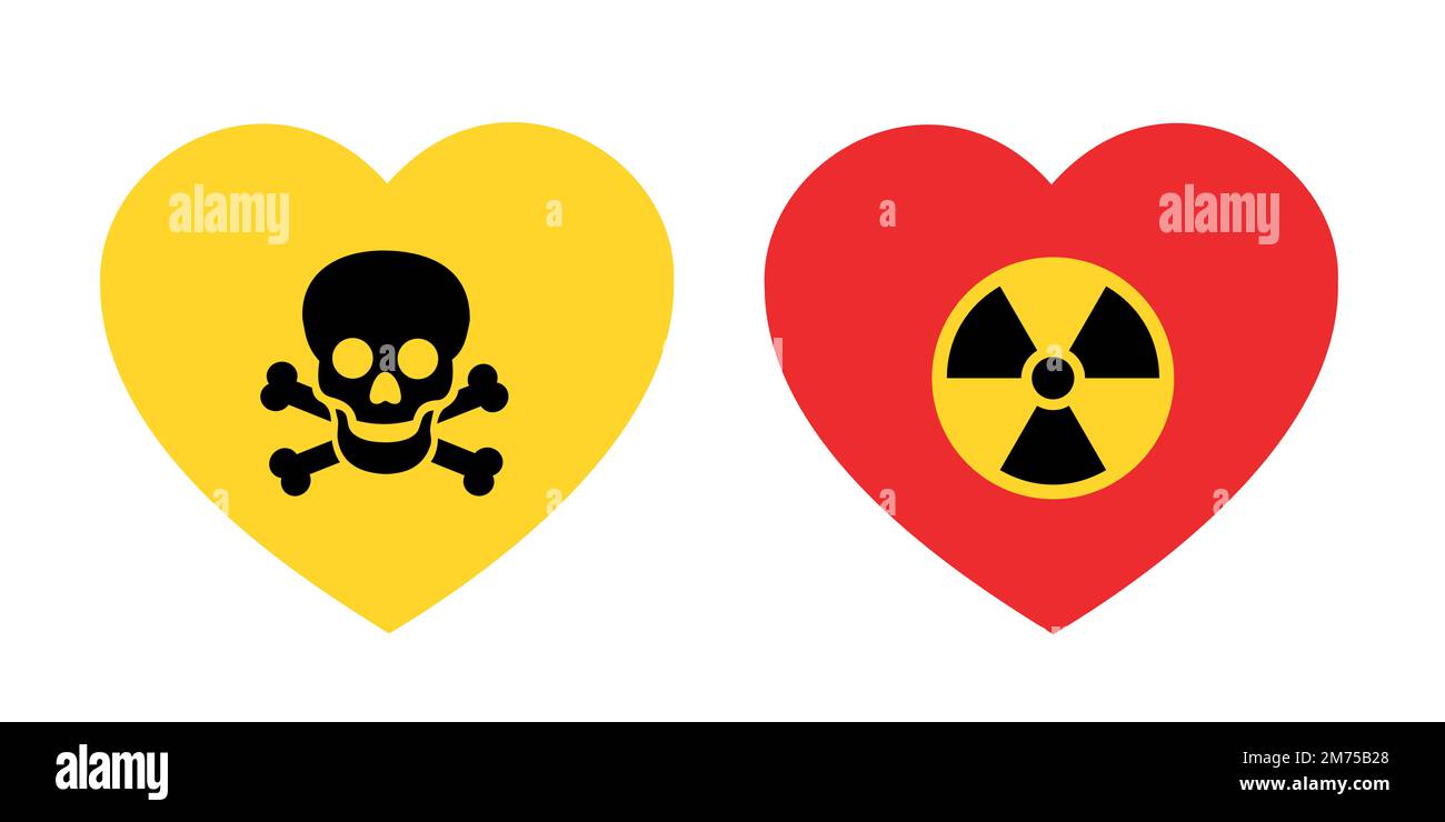 Toxische Beziehung - lvoe Herz mit Symbol für Radioaktivität oder Schädel und Knochen. Gefahr und gefährliche Romanze und romantische Partnerschaft zwischen Ehegatten Stockfoto