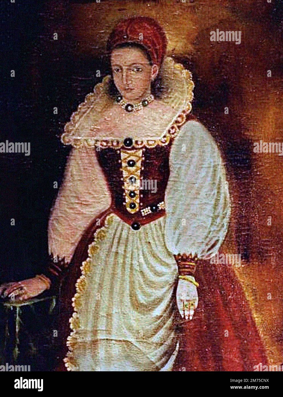 Elisabeth Báthory. Porträt von Gräfin Elizabeth Báthory de Ecsed (1560-1614), Kopie eines verlorenen Originals, das 1585 gemalt wurde. Bathory war eine ungarische Adlige und mutmaßlicher Serienmörder aus der Familie Báthory, die im Königreich Ungarn (jetzt Slowakei) Land besaß. Sie und vier ihrer Diener wurden beschuldigt, zwischen 1590 und 1610 Hunderte von Mädchen und Frauen gefoltert und getötet zu haben. Ihre Diener wurden vor Gericht gestellt und verurteilt, während Báthory bis zu ihrem Tod eingesperrt war. Stockfoto