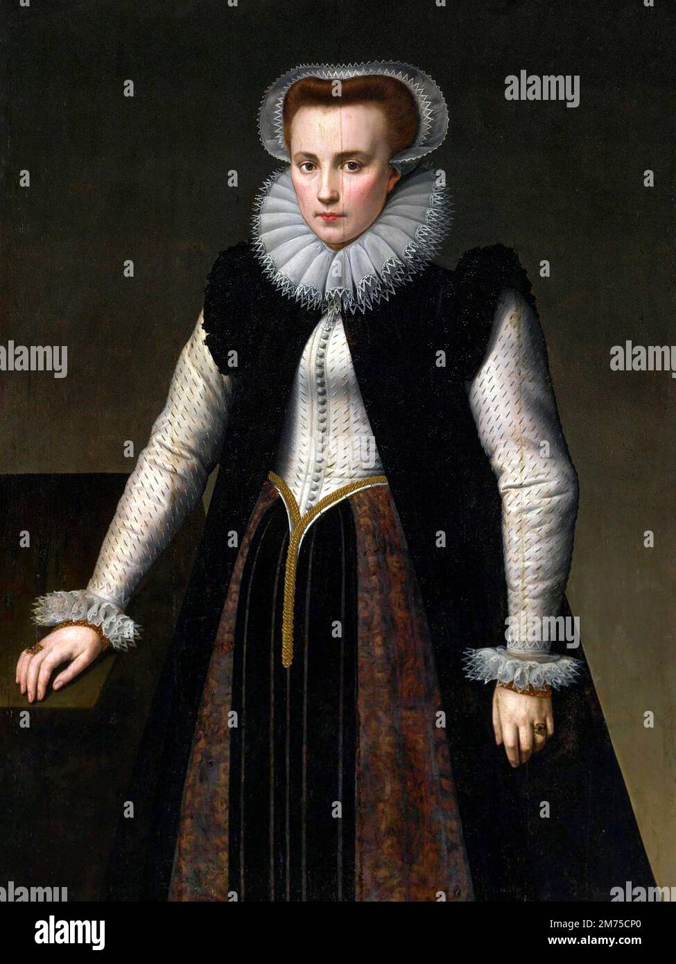 Elisabeth Báthory. Umstrittenes Porträt der Gräfin Elizabeth Báthory de Ecsed (1560-1614) von Anthonie Blocklandt van Montfoort (1533-1583), Öl im Panel, 1580. Bathory war eine ungarische Adlige und mutmaßlicher Serienmörder aus der Familie Báthory, die im Königreich Ungarn (jetzt Slowakei) Land besaß. Sie und vier ihrer Diener wurden beschuldigt, zwischen 1590 und 1610 Hunderte von Mädchen und Frauen gefoltert und getötet zu haben. Ihre Diener wurden vor Gericht gestellt und verurteilt, während Báthory bis zu ihrem Tod eingesperrt war. Stockfoto