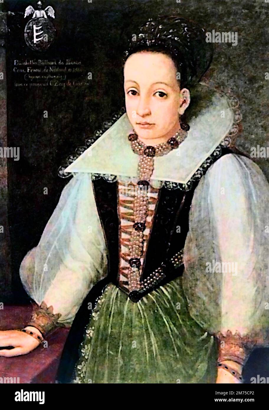 Elisabeth Báthory. Das Porträt der Gräfin Elizabeth Báthory de Ecsed (1560-1614). Bathory war eine ungarische Adlige und mutmaßlicher Serienmörder aus der Familie Báthory, die im Königreich Ungarn (jetzt Slowakei) Land besaß. Sie und vier ihrer Diener wurden beschuldigt, zwischen 1590 und 1610 Hunderte von Mädchen und Frauen gefoltert und getötet zu haben. Ihre Diener wurden vor Gericht gestellt und verurteilt, während Báthory bis zu ihrem Tod eingesperrt war. Stockfoto