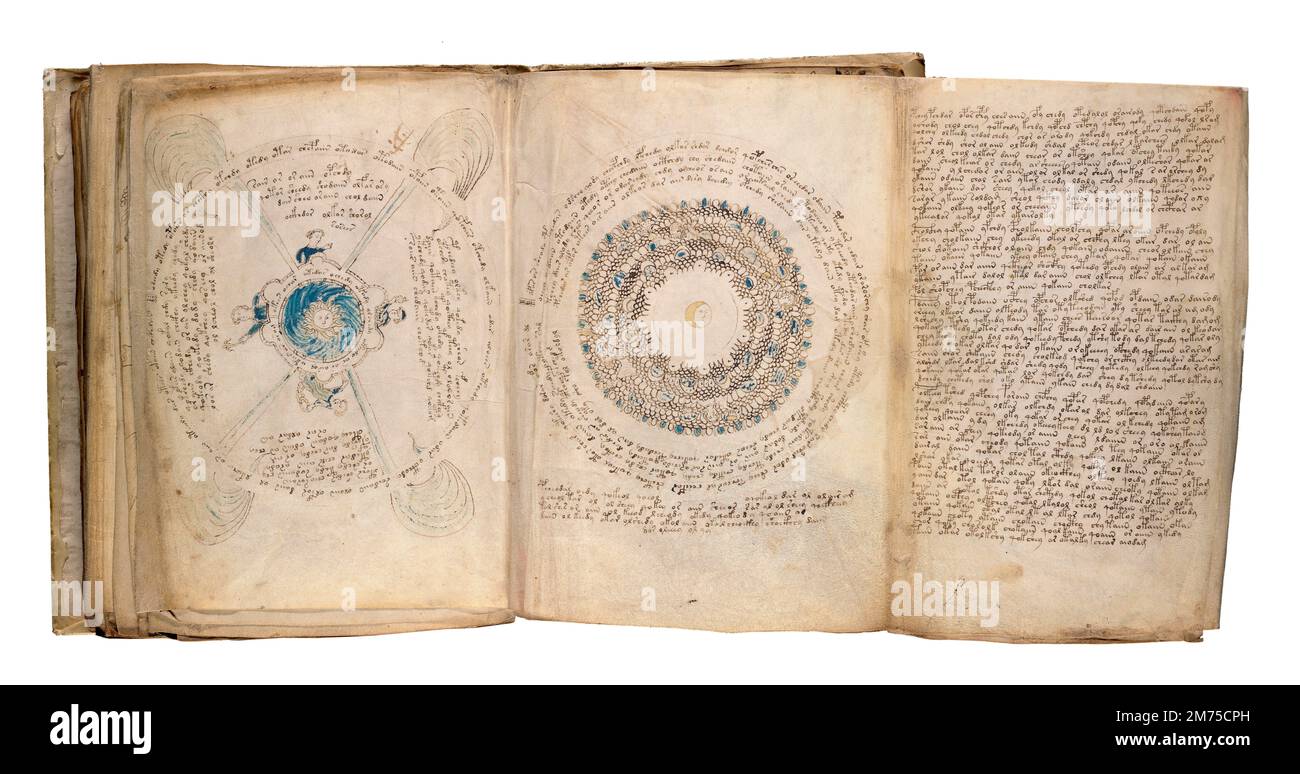 Voynich-Manuskript. Beispielseiten aus dem Voynich-Manuskript, einem illustrierten Kodex, handgeschrieben in einem ansonsten unbekannten Schreibsystem. Datiert auf das frühe 15. Jahrhundert. Stockfoto