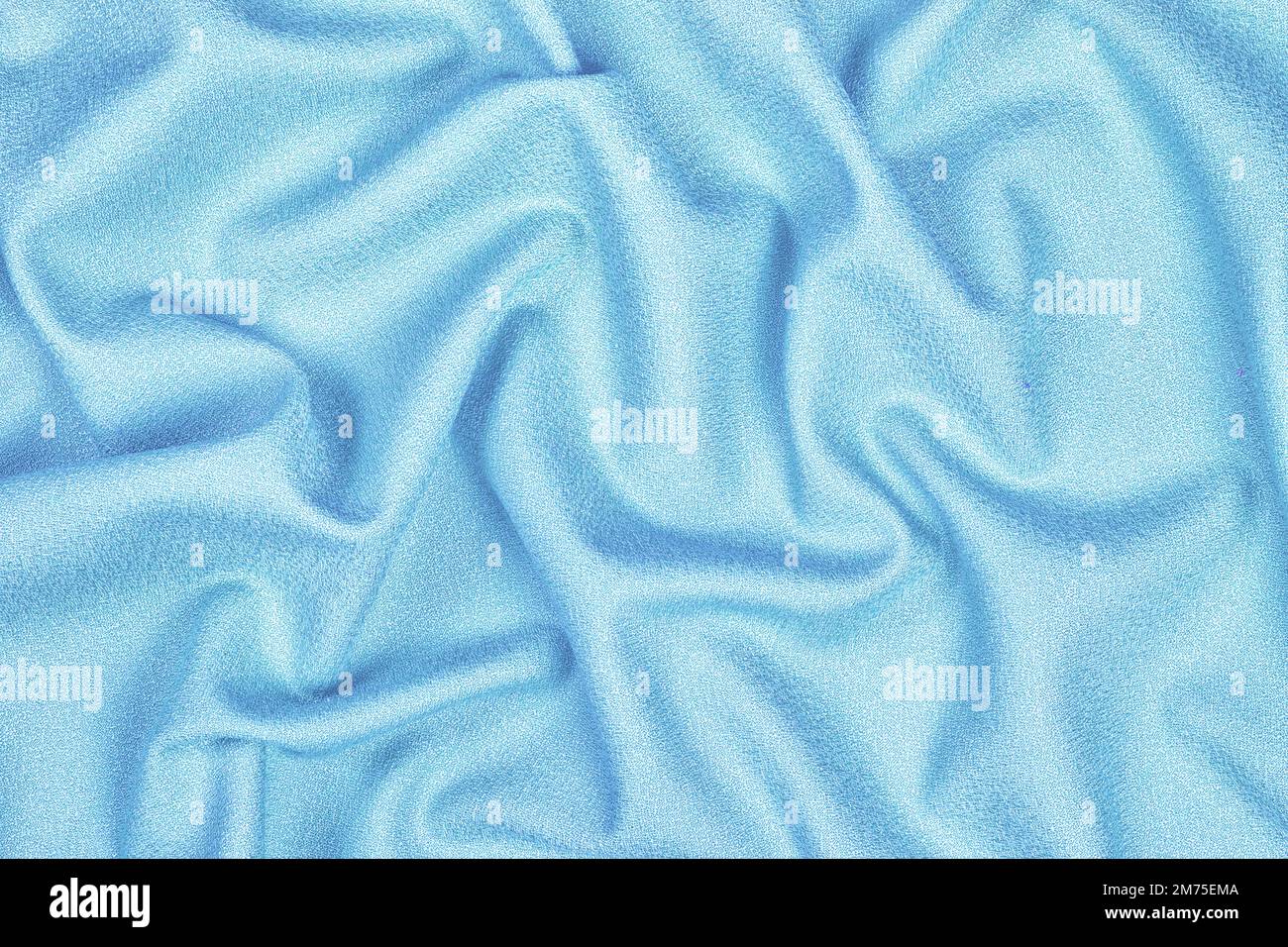 Himmelblaue Wolle zerknitterter, zerknitterter Stoff mit Wellen, zerknittertes Gewebe im Hintergrund Stockfoto