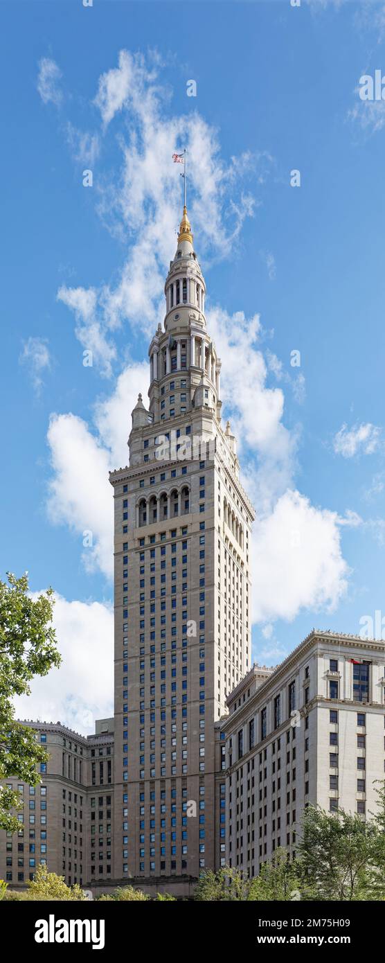 Tower City Center, ein Wahrzeichen von Cleveland, mit Büros, Hotel, Casino, Einkaufszentrum und Verkehrsknotenpunkt. Das 15 Hektar große Wahrzeichen wurde zwischen 1923 und 1962 erbaut. Stockfoto