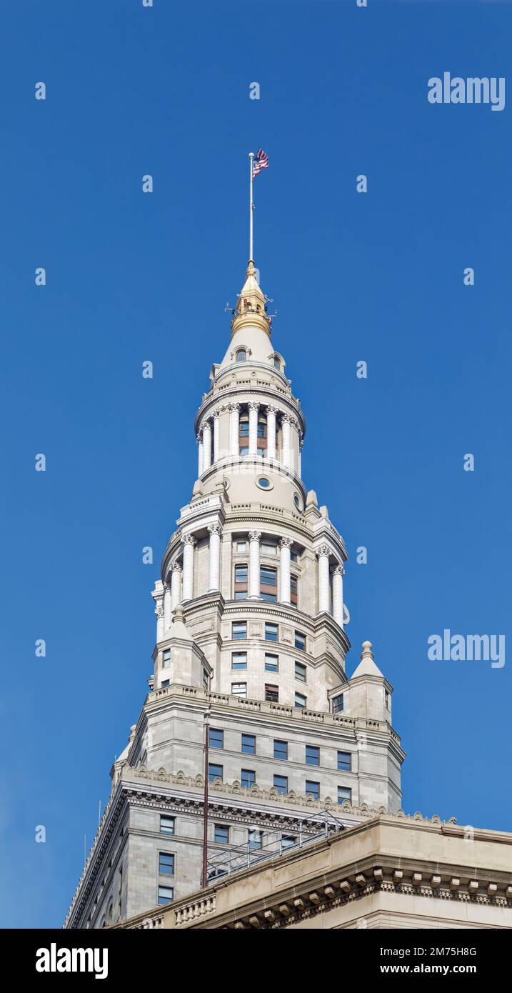 Tower City Center, ein Wahrzeichen von Cleveland, mit Büros, Hotel, Casino, Einkaufszentrum und Verkehrsknotenpunkt. Das 15 Hektar große Wahrzeichen wurde zwischen 1923 und 1962 erbaut. Stockfoto