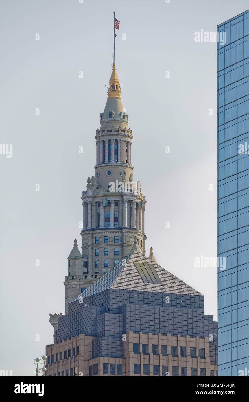 Tower City Center, ein Wahrzeichen von Cleveland, mit Büros, Hotel, Casino, Einkaufszentrum und Verkehrsknotenpunkt. Das 15 Hektar große Wahrzeichen wurde zwischen 1923 und 1962 erbaut. Stockfoto