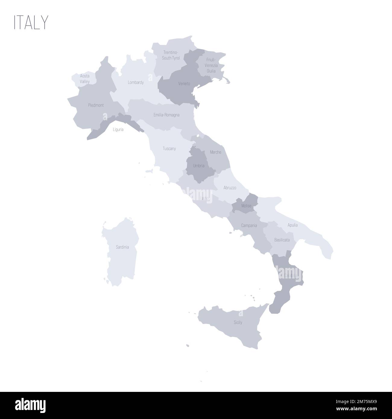 Italien: Politische Karte der Verwaltungsabteilungen - Regionen. Graue Vektorkarte mit Beschriftungen. Stock Vektor