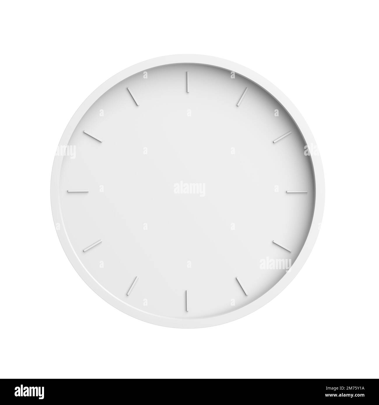 Weiße Uhr ohne isolierte Hände auf weißem Hintergrund. Minimalismus. 3D Abbildung. Stockfoto